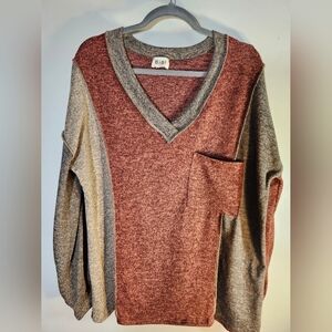 BiBi Rust & Gray V-Neck Sweater with Color-Block Design Sz 2X